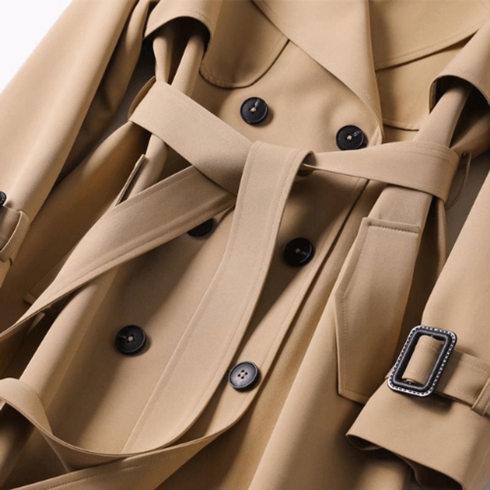 Women's Double-Breasted Belted Trench Coat Checked Lining