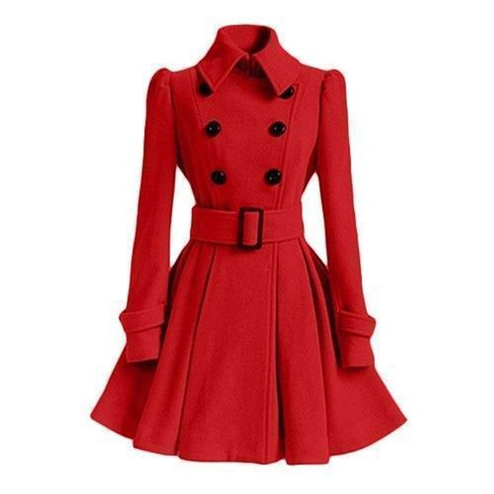 Women's Double-Breasted Belted Wool Coat Trench Coat Flared Hem