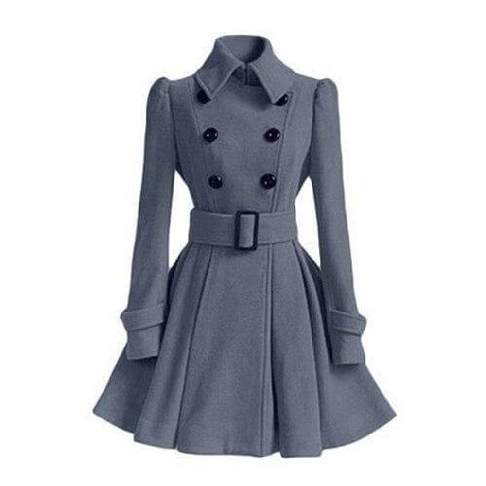 Women's Double-Breasted Belted Wool Coat Trench Coat Flared Hem