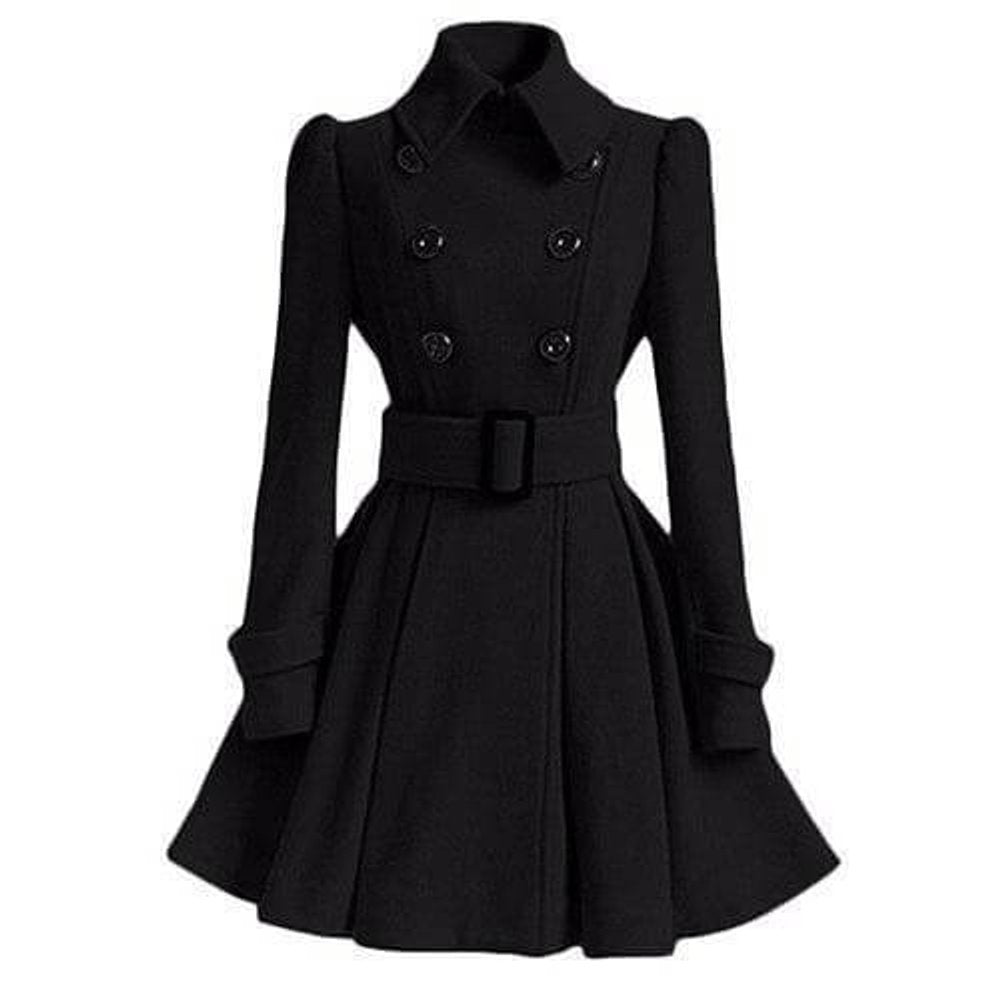 Women's Double-Breasted Belted Wool Coat Trench Coat Flared Hem