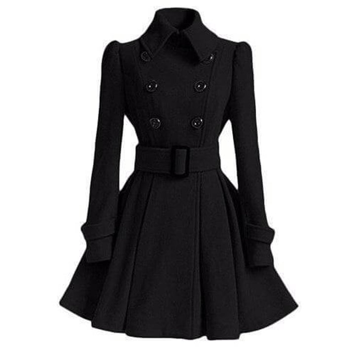 Women's Double-Breasted Belted Wool Coat Trench Coat Flared Hem
