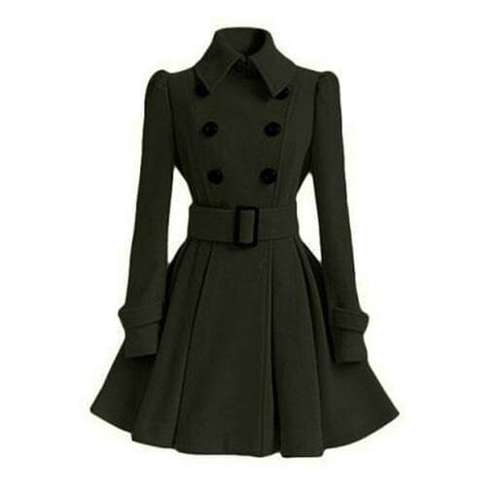 Women's Double-Breasted Belted Wool Coat Trench Coat Flared Hem