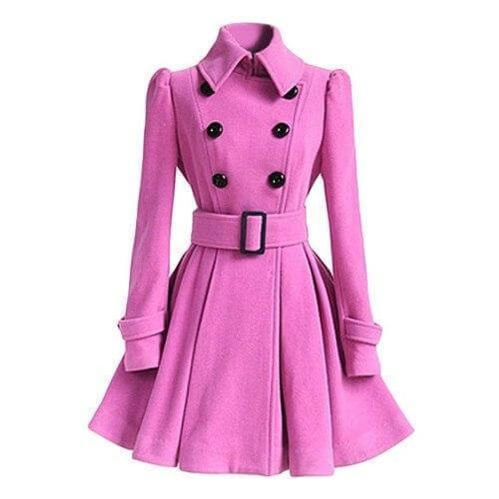 Women's Double-Breasted Belted Wool Coat Trench Coat Flared Hem