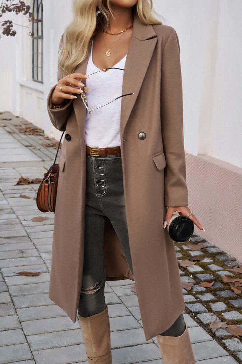 Women's Double-Breasted Longline Wool Coat Trench Coat