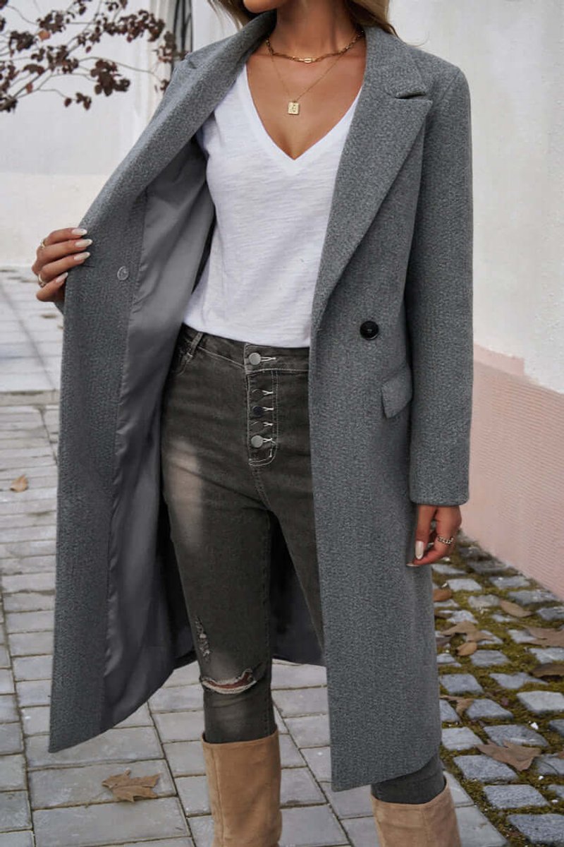 Women's Double-Breasted Longline Wool Coat Trench Coat