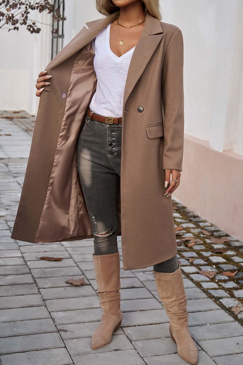 Women's Double-Breasted Longline Wool Coat Trench Coat