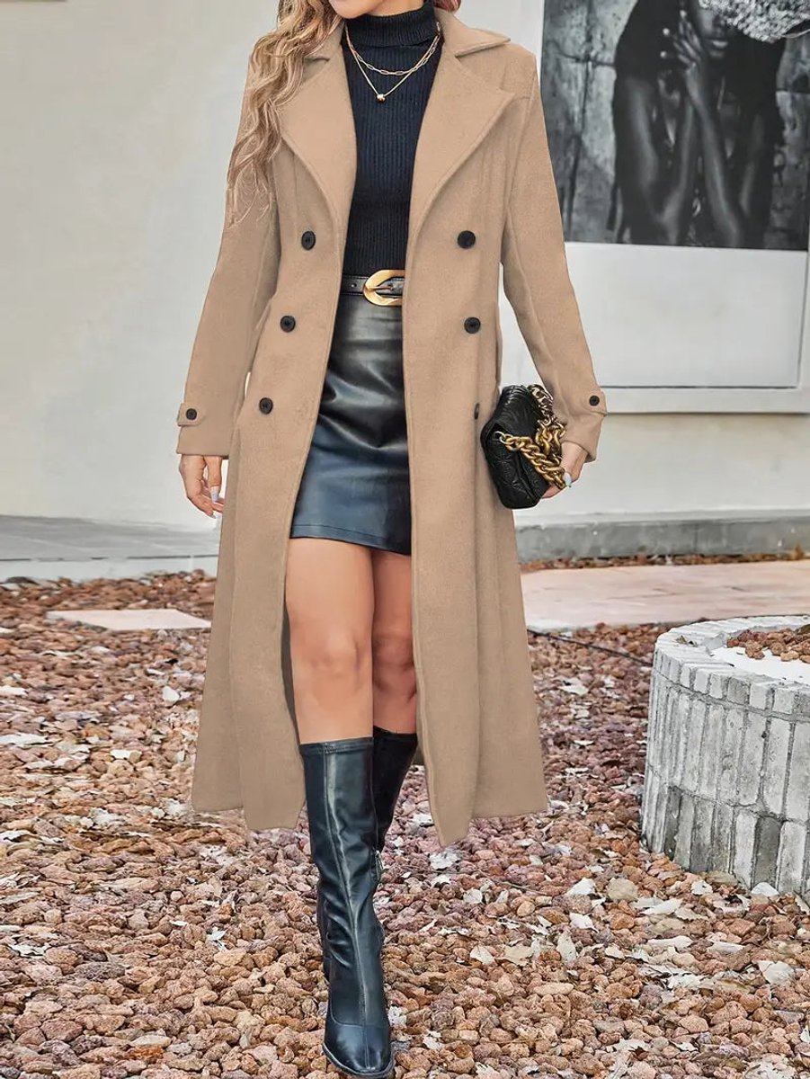 Women's Double-Breasted Longline Wool-Look Coat Notch Lapel