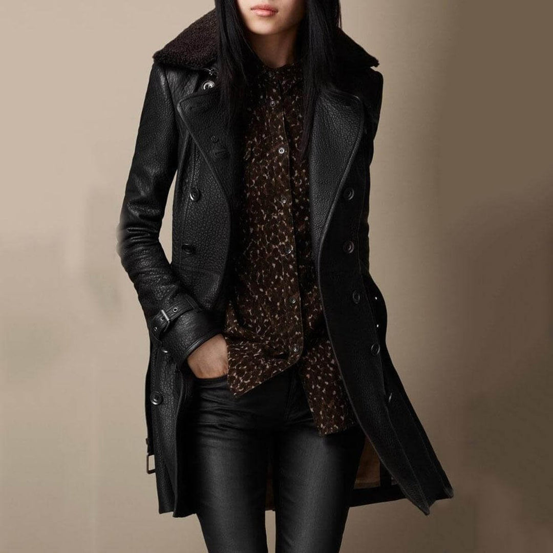 Women's Double-Breasted Shearling Collar Leather Trench Coat