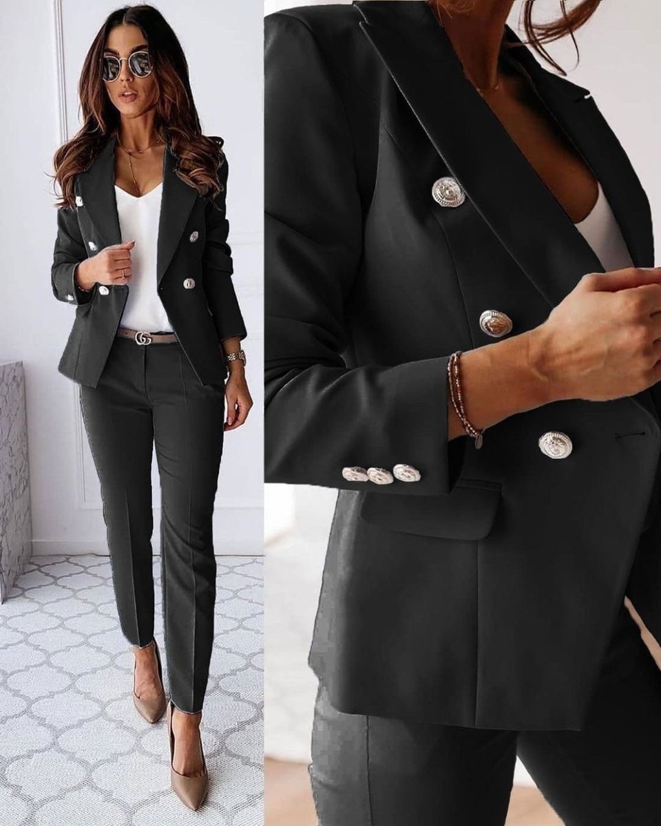Women's Double-Breasted Tailored Blazer Trouser Suit Coat