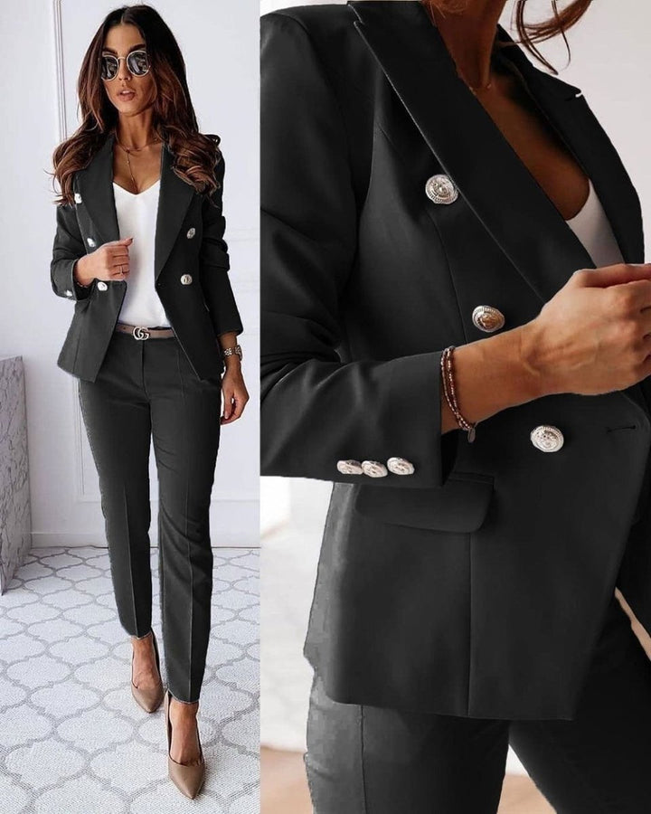 Women's Double-Breasted Tailored Blazer Trouser Suit Coat