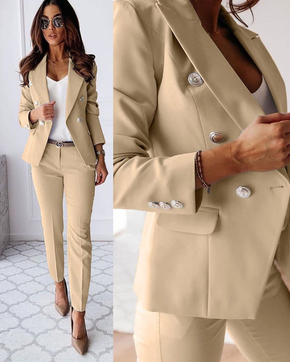 Women's Double-Breasted Tailored Blazer Trouser Suit Coat