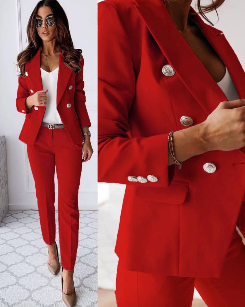 Women's Double-Breasted Tailored Blazer Trouser Suit Coat