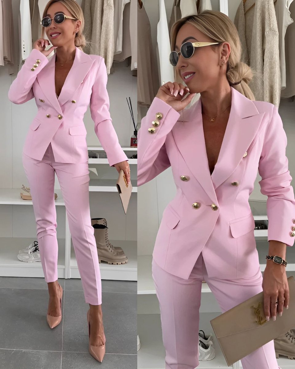 Women's Double-Breasted Tailored Blazer Trouser Suit Coat