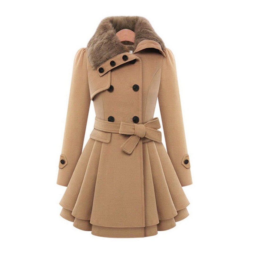 Women's Double-Breasted Wool Coat Faux Fur Collar Belted Skater