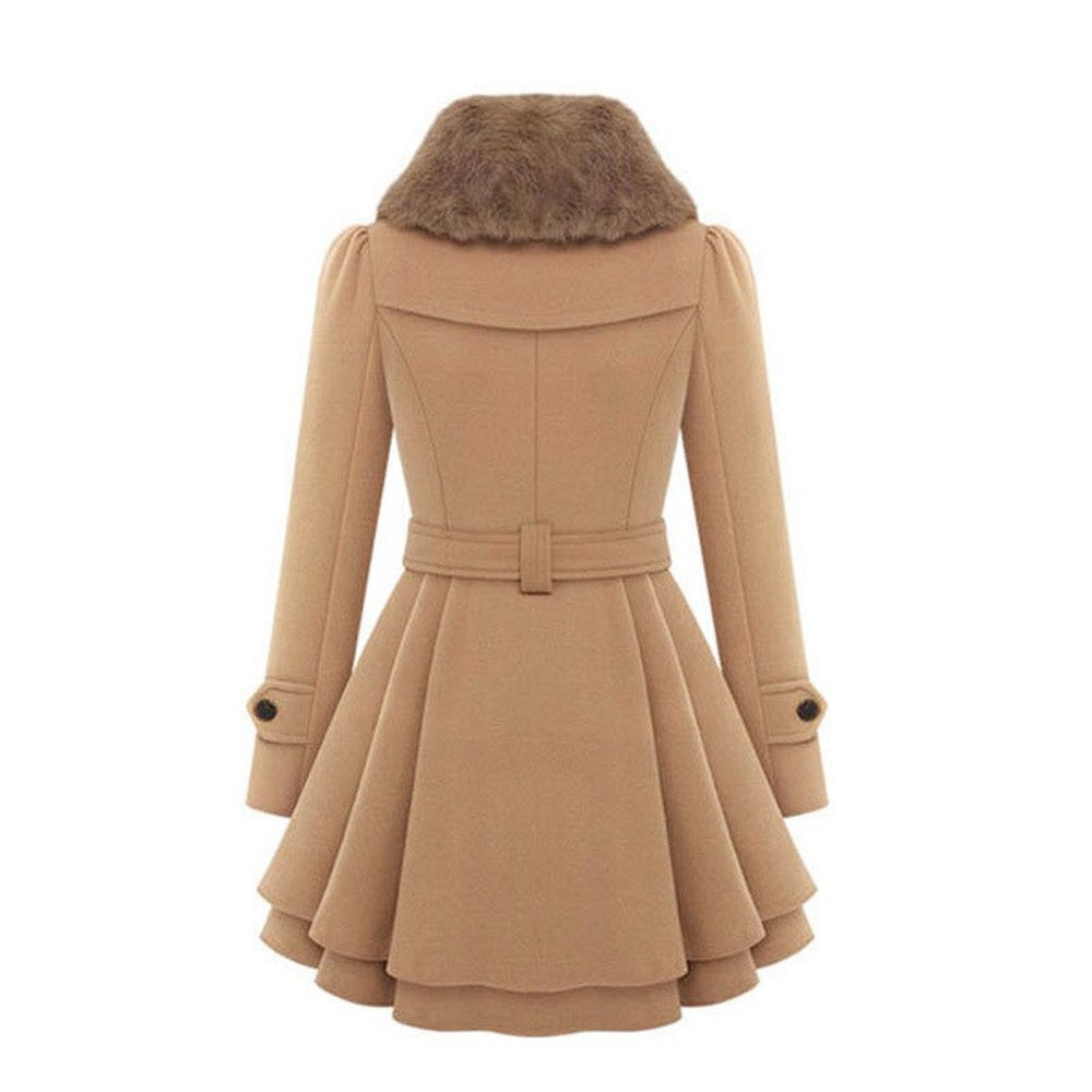 Women's Double-Breasted Wool Coat Faux Fur Collar Belted Skater