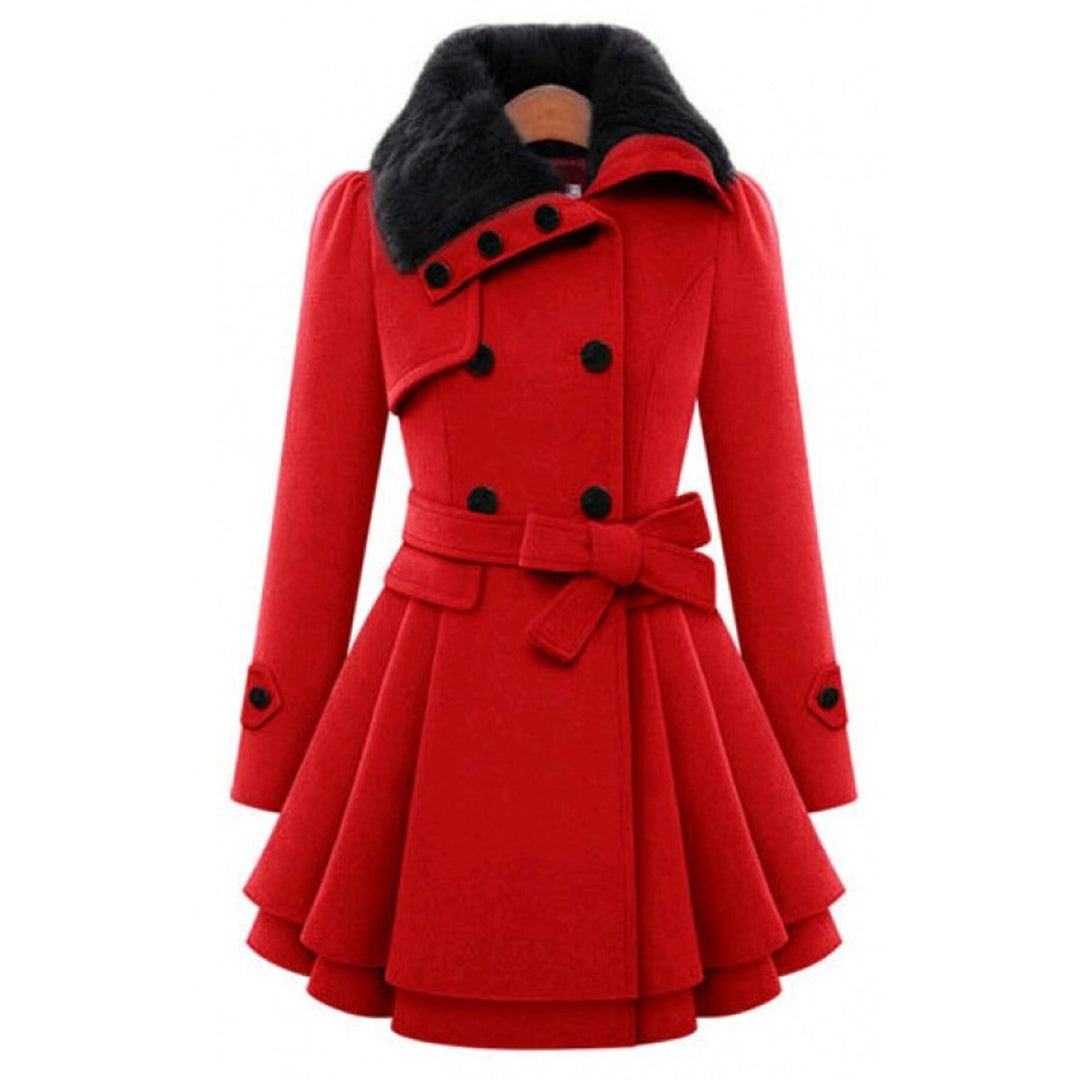 Women's Double-Breasted Wool Coat Faux Fur Collar Belted Skater