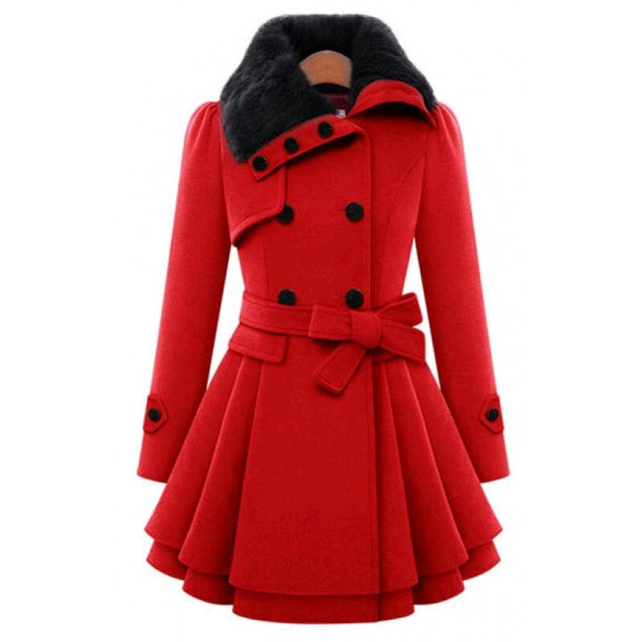 Women's Double-Breasted Wool Coat Faux Fur Collar Belted Skater