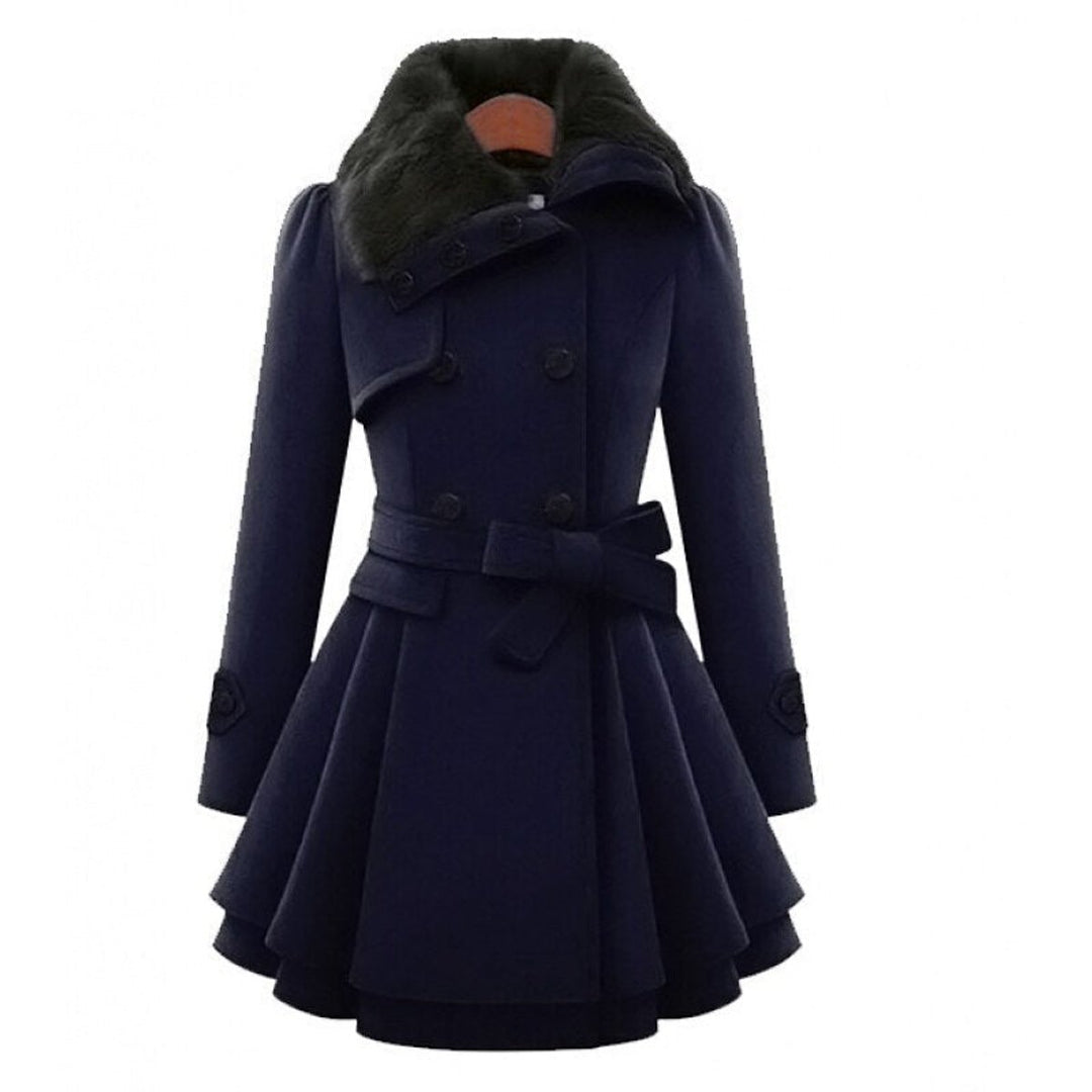 Women's Double-Breasted Wool Coat Faux Fur Collar Belted Skater