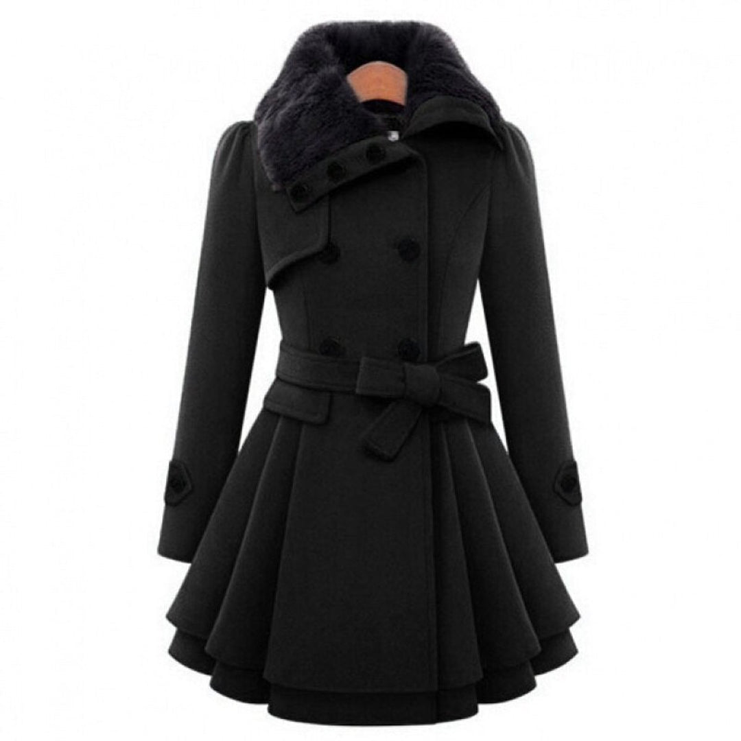 Women's Double-Breasted Wool Coat Faux Fur Collar Belted Skater
