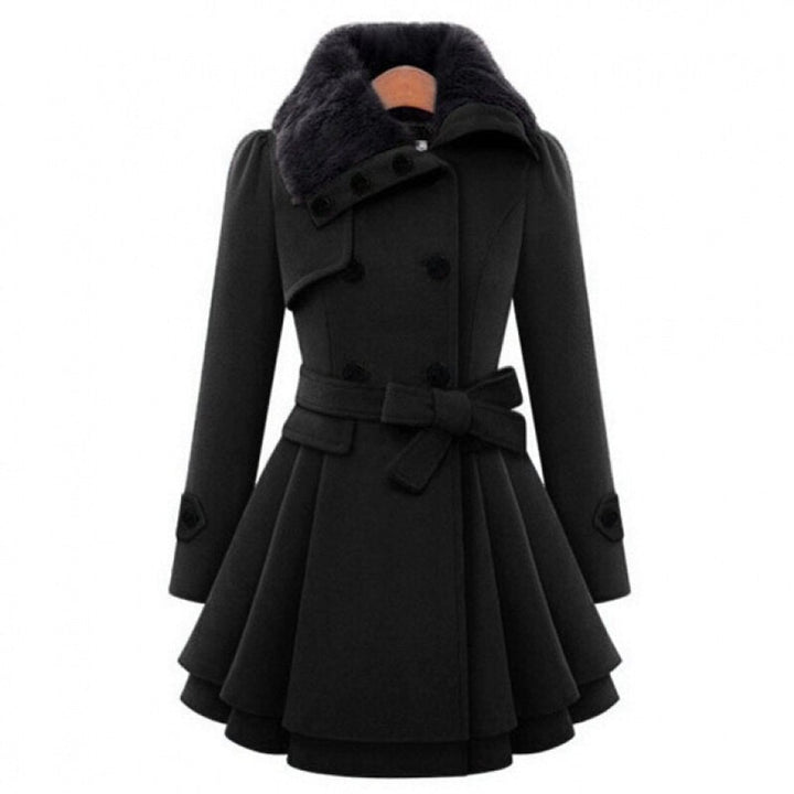 Women's Double-Breasted Wool Coat Faux Fur Collar Belted Skater