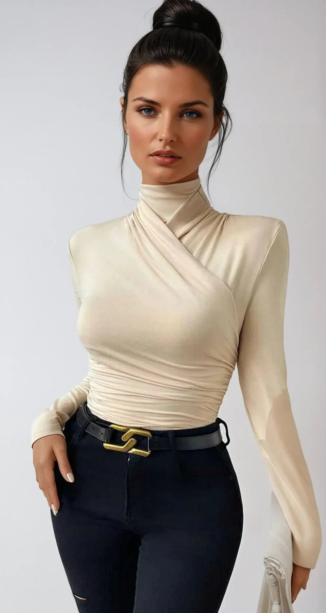 Women's Draped Crossover Roll-Neck Long-Sleeve Top