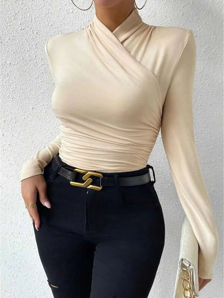 Women's Draped Crossover Roll-Neck Long-Sleeve Top