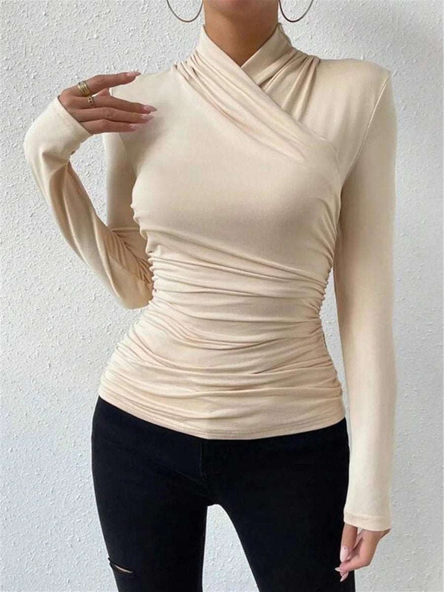 Women's Draped Crossover Roll-Neck Long-Sleeve Top