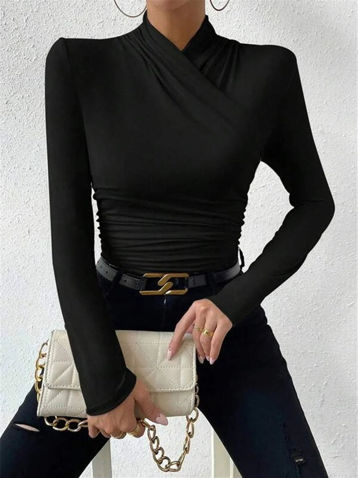 Women's Draped Crossover Roll-Neck Long-Sleeve Top