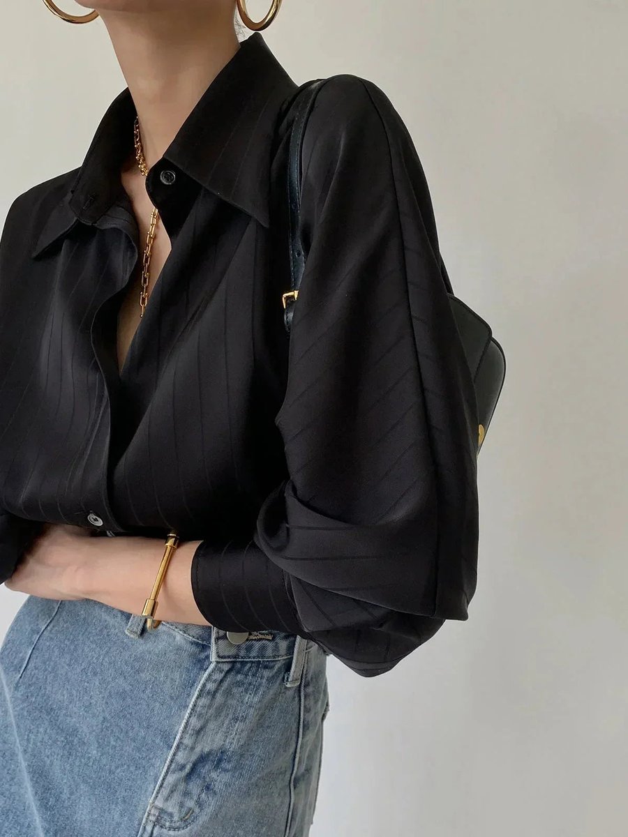 Women's Elegant Long-Sleeve Blouse Gold-Button Striped Shirt