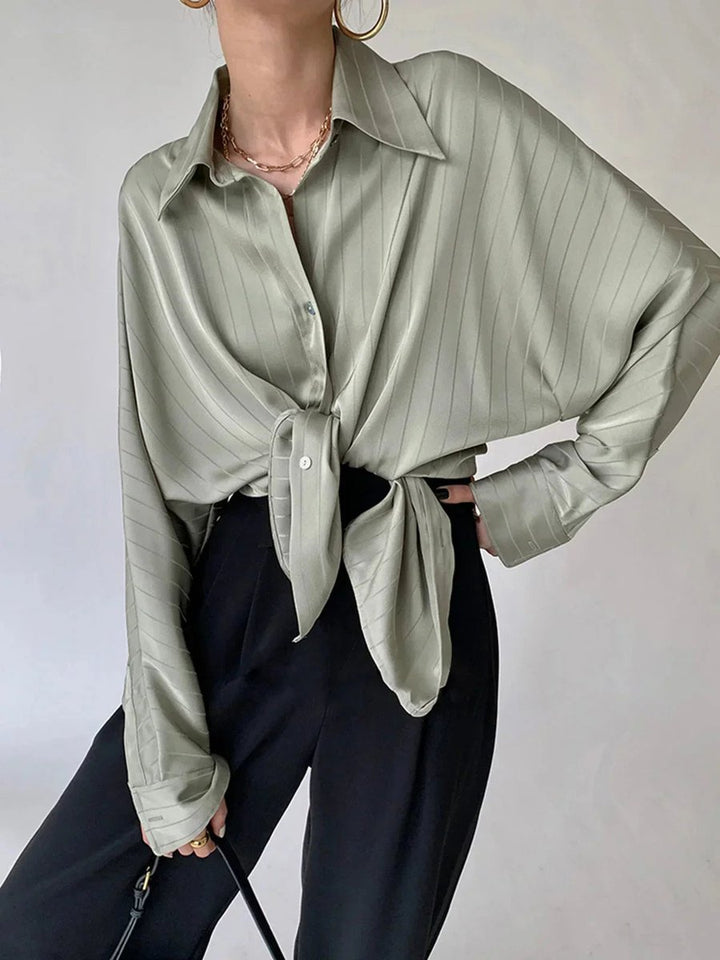 Women's Elegant Long-Sleeve Blouse Gold-Button Striped Shirt
