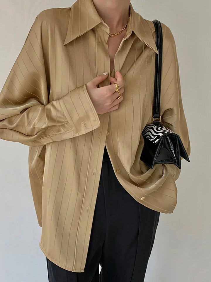 Women's Elegant Long-Sleeve Blouse Gold-Button Striped Shirt