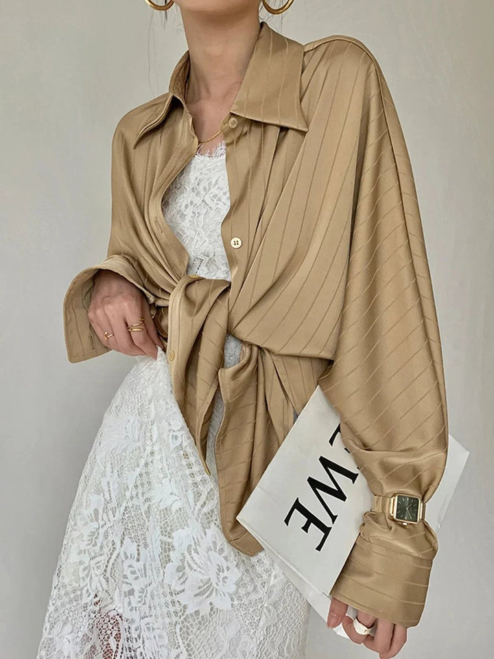 Women's Elegant Long-Sleeve Blouse Gold-Button Striped Shirt