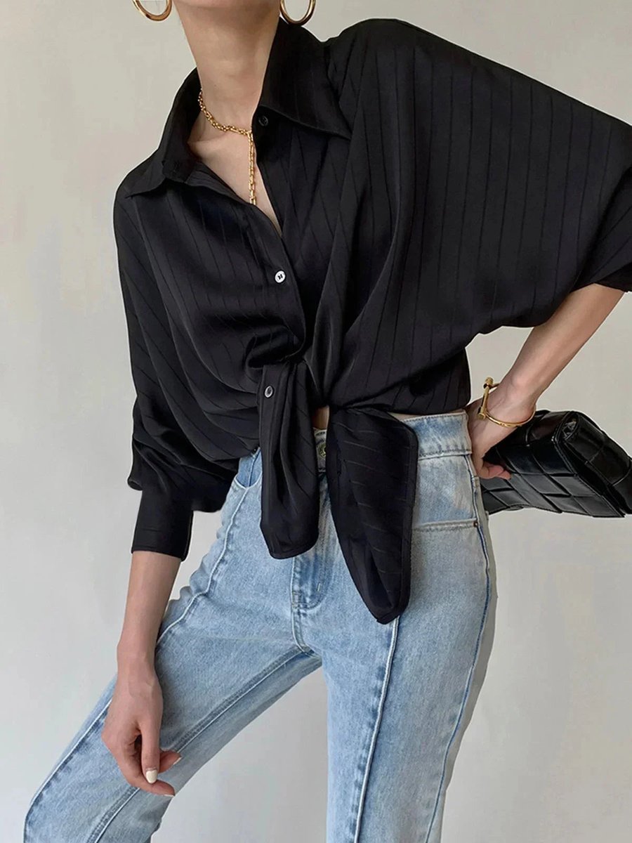 Women's Elegant Long-Sleeve Blouse Gold-Button Striped Shirt