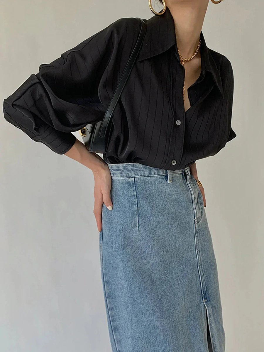 Women's Elegant Long-Sleeve Blouse Gold-Button Striped Shirt