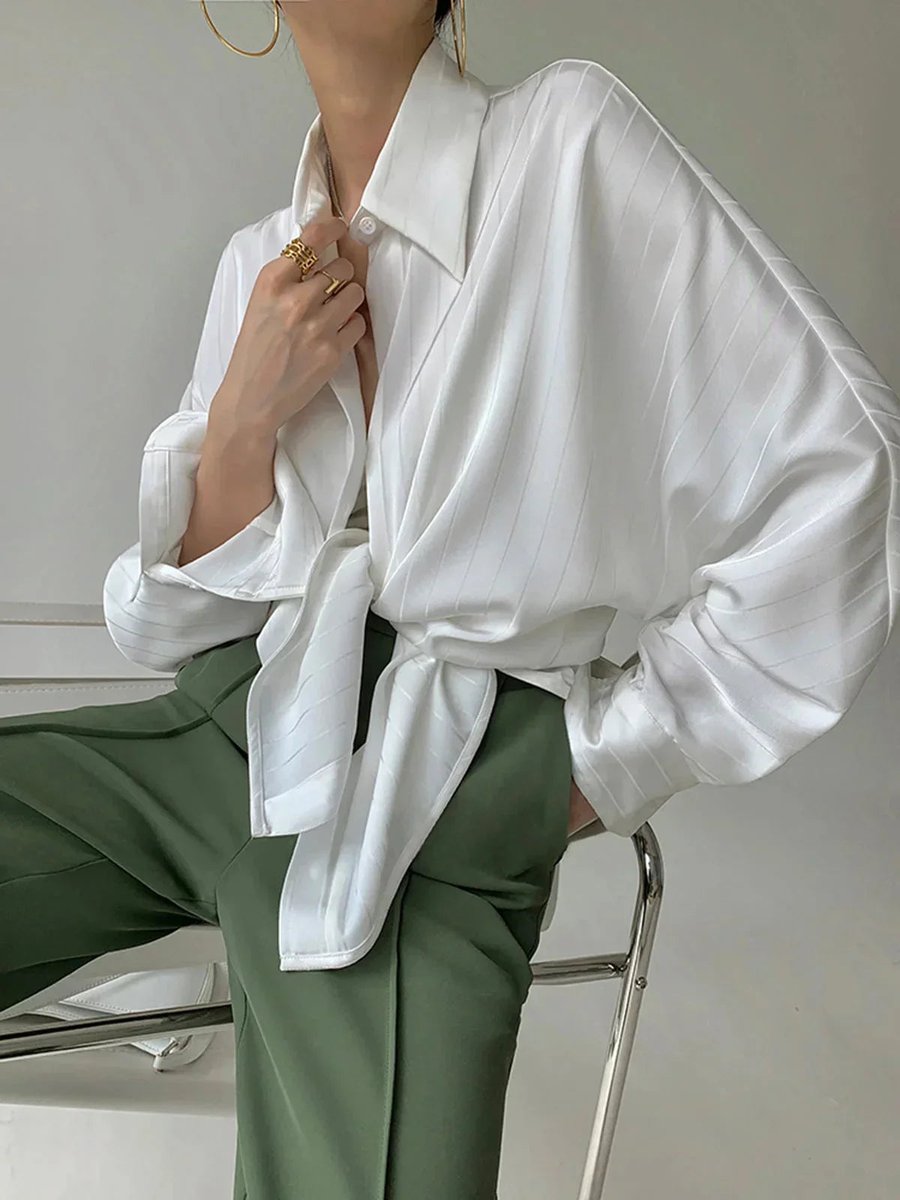 Women's Elegant Long-Sleeve Blouse Gold-Button Striped Shirt