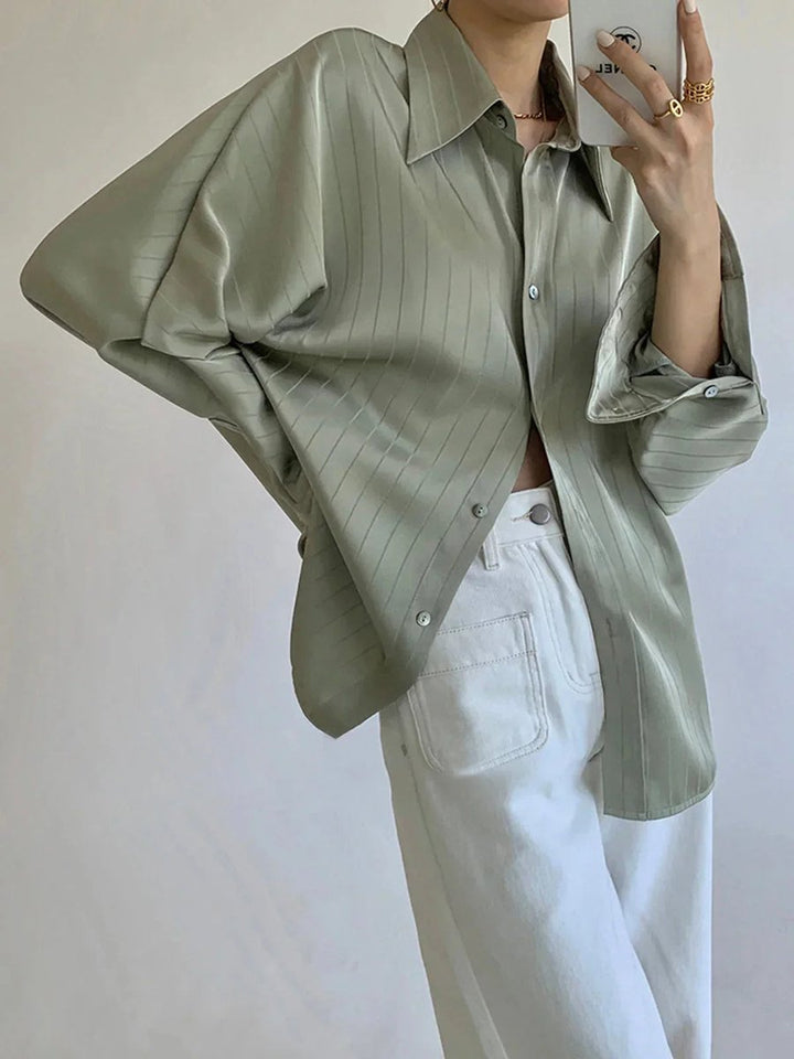 Women's Elegant Long-Sleeve Blouse Gold-Button Striped Shirt
