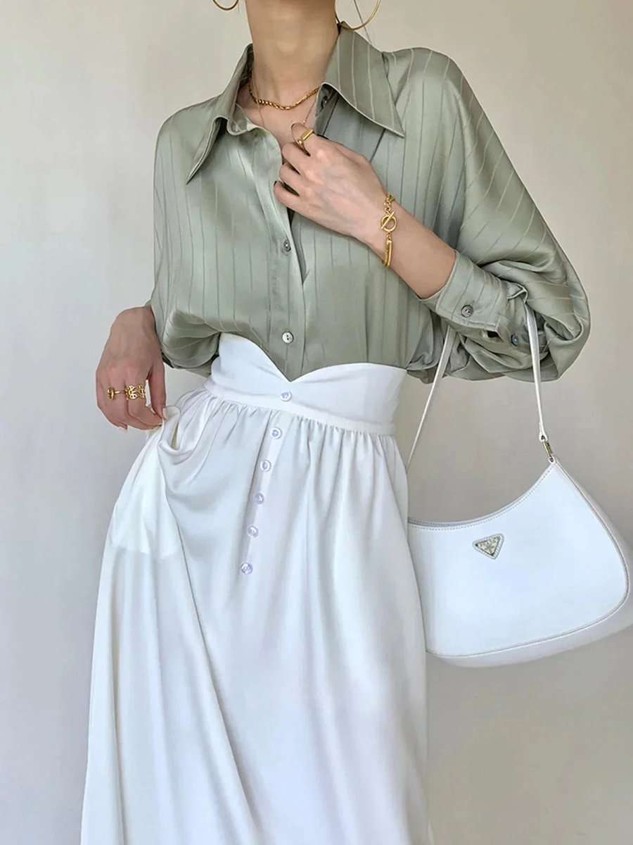 Women's Elegant Long-Sleeve Blouse Gold-Button Striped Shirt