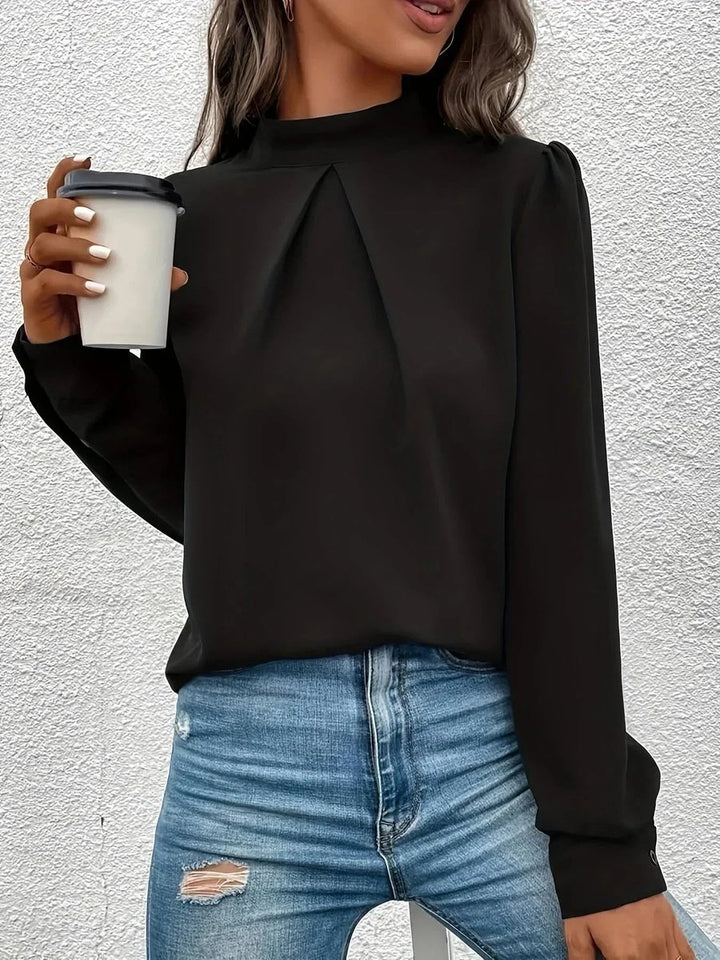 Women's Elegant Long-Sleeve Roll-Neck Blouse Pleated Chiffon Top