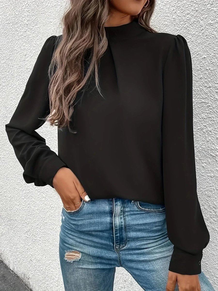Women's Elegant Long-Sleeve Roll-Neck Blouse Pleated Chiffon Top