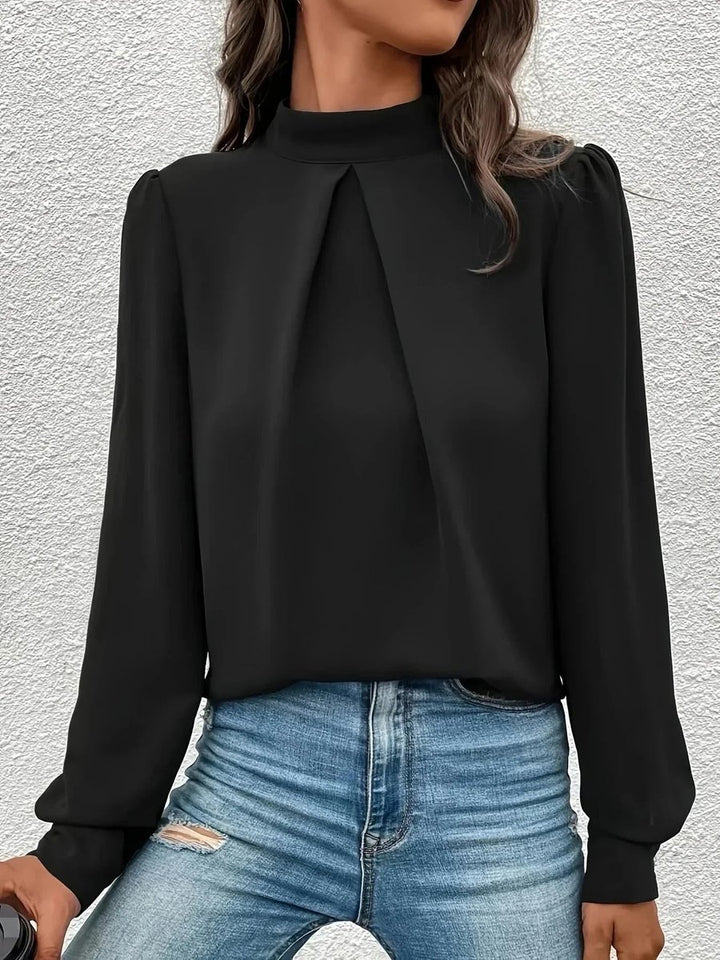 Women's Elegant Long-Sleeve Roll-Neck Blouse Pleated Chiffon Top