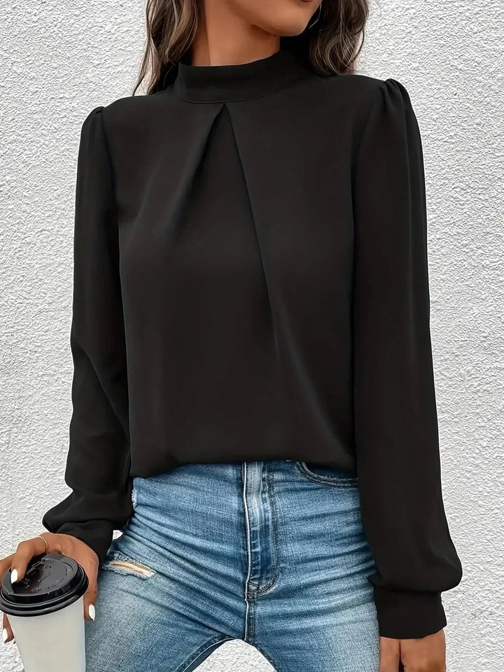 Women's Elegant Long-Sleeve Roll-Neck Blouse Pleated Chiffon Top