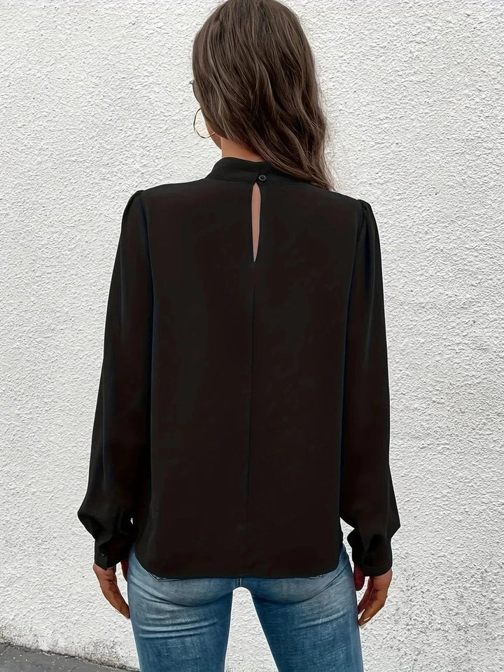 Women's Elegant Long-Sleeve Roll-Neck Blouse Pleated Chiffon Top