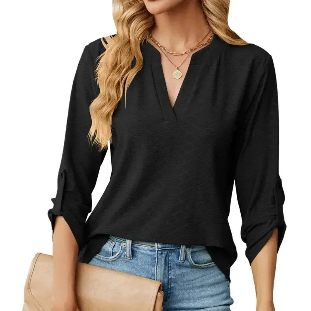 Women's Elegant Long-Sleeve V-Neck Blouse Button-Cuff Top