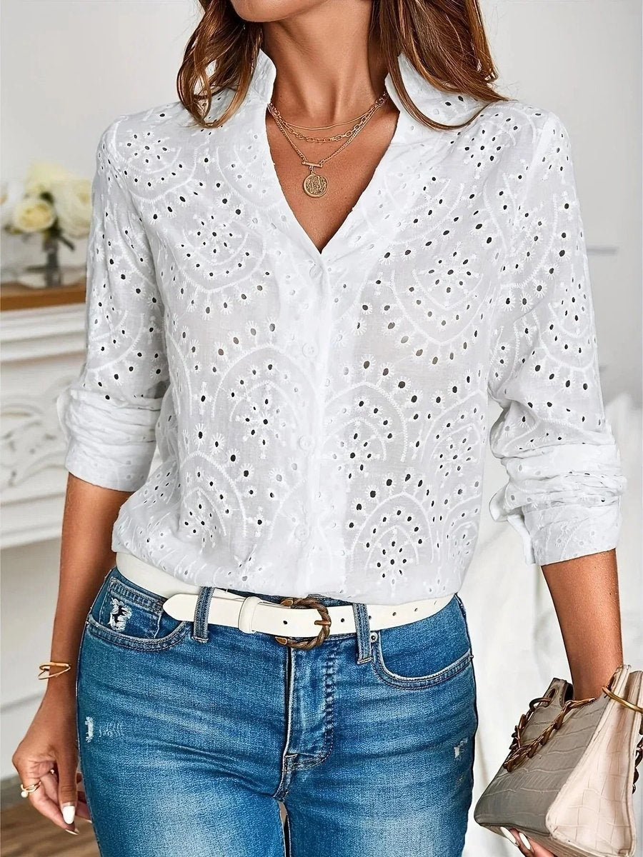Women's Elegant Long-Sleeve V-Neck Blouse Button-Cuff Top