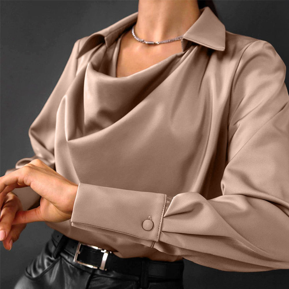 Women's Elegant Satin Long-Sleeve Blouse Cowl-Neck Tailored Top