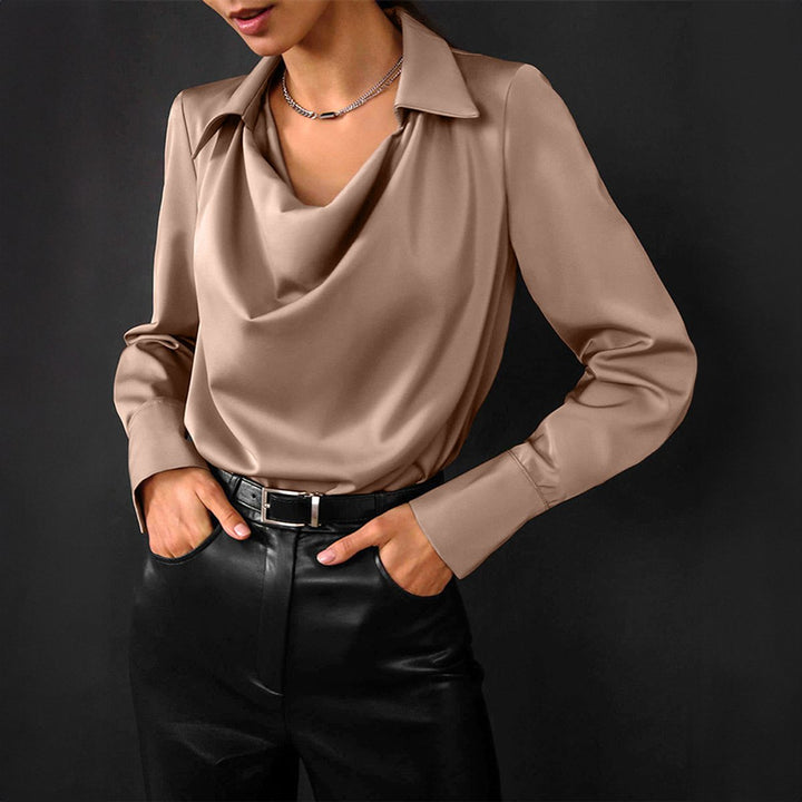 Women's Elegant Satin Long-Sleeve Blouse Cowl-Neck Tailored Top