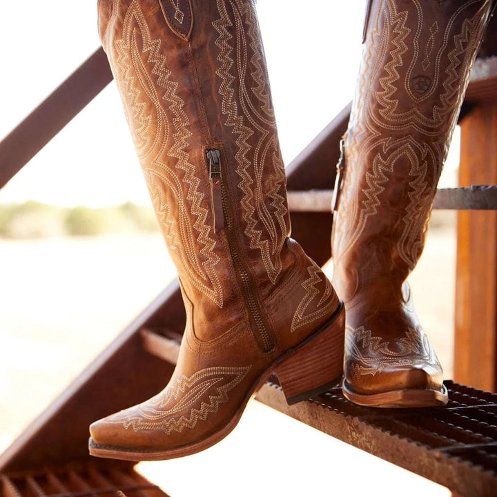 Women's Embroidered Knee-High Heeled Cowboy Boots Pointed Toe