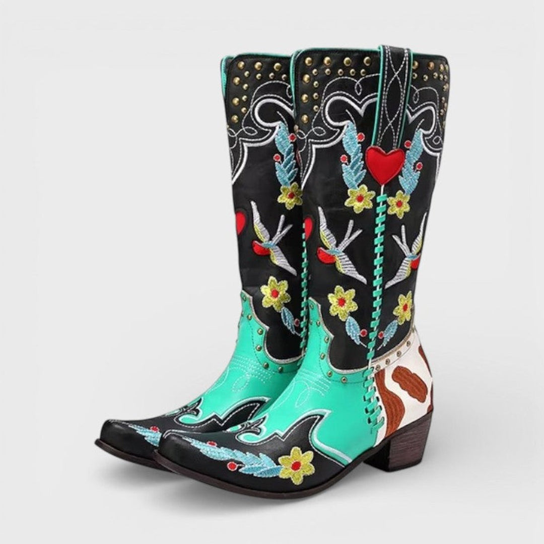 Women's Embroidered Knee-High Western Cowboy Block-Heel Boots