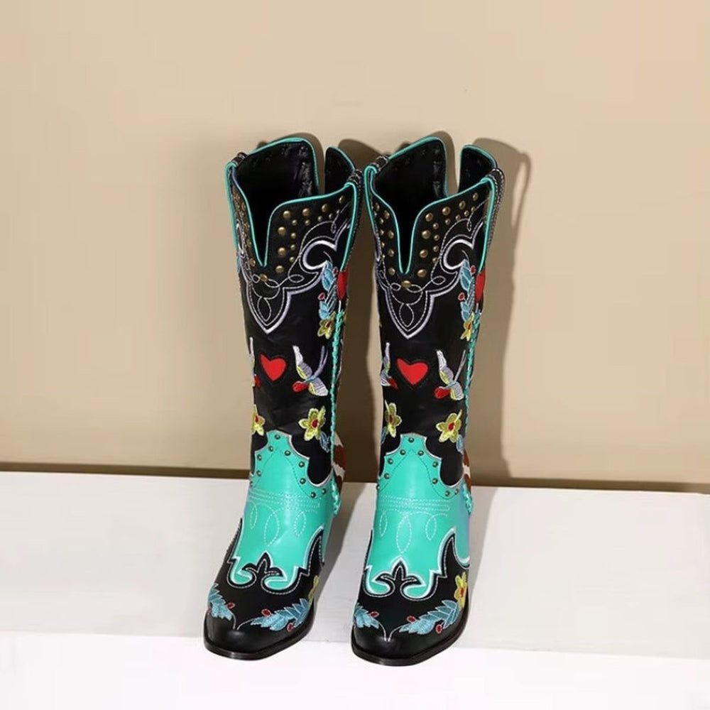 Women's Embroidered Knee-High Western Cowboy Block-Heel Boots