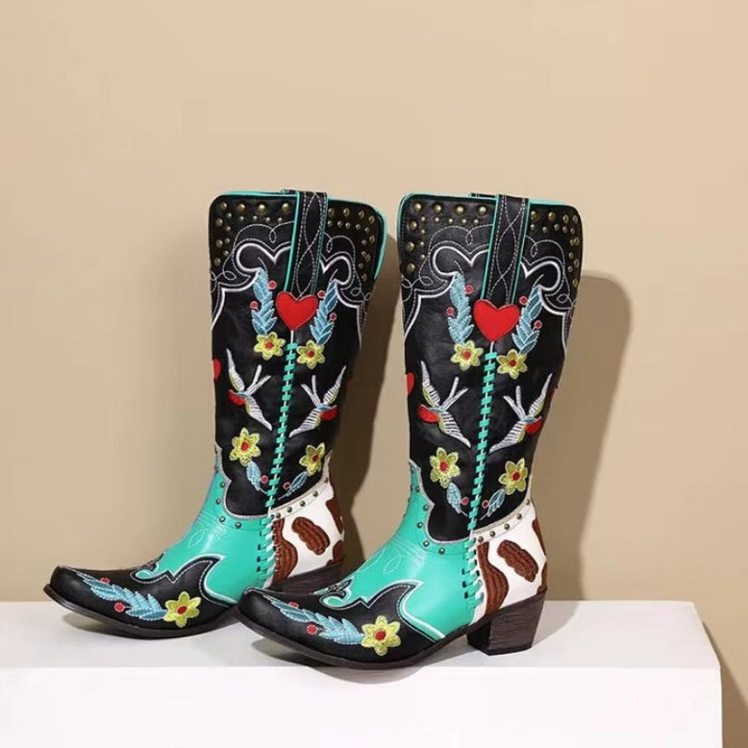 Women's Embroidered Knee-High Western Cowboy Block-Heel Boots